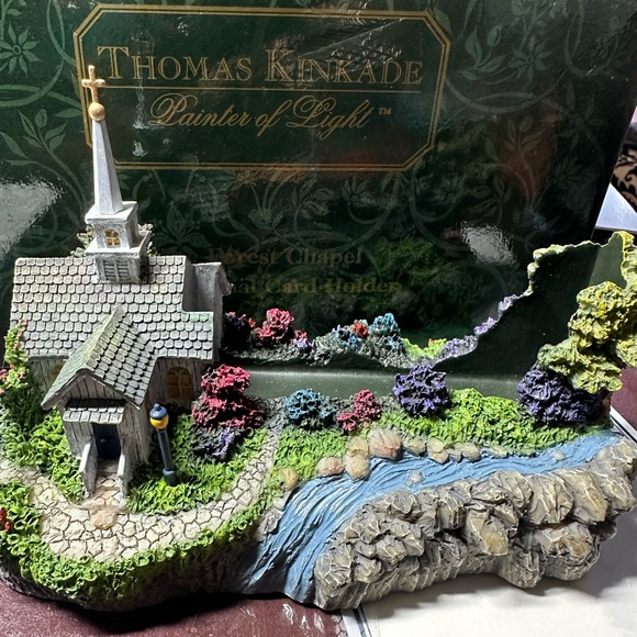 Thomas Kinkade Chapel by the Stream Sculpture with Green and Blue Accents - Picture 1 of 16